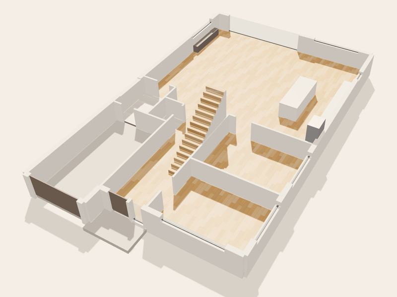 3D model of a sample home's ground floor in a natural oak floor