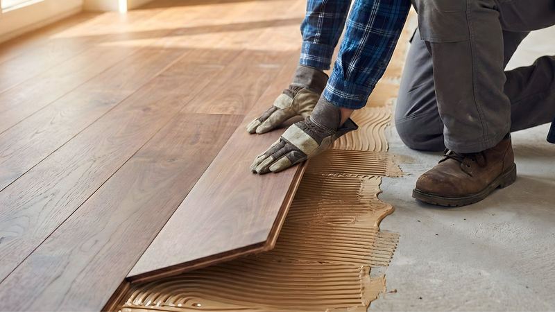 Installer in gloves fitting a timber board into place